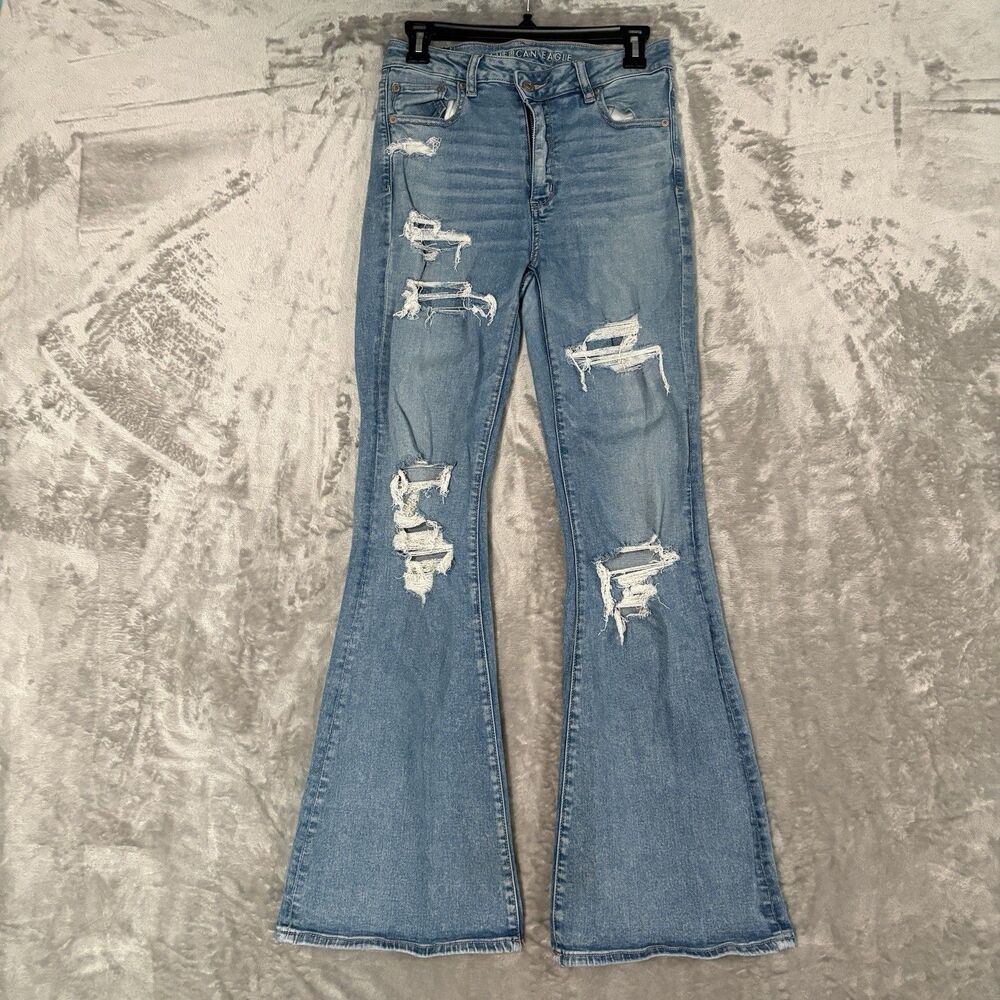 American Eagle Super High Rise Flare Jeans Distressed Next Level Stretch 8 Long